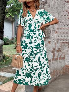 SHEIN VCAY 印花蝴蝶袖圍裹洋裝 - 白色 - 查看 6