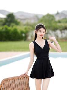 Summer Beach Criss Cross Ruched Ruffle Hem One Piece Swimsuit - Black - View 4