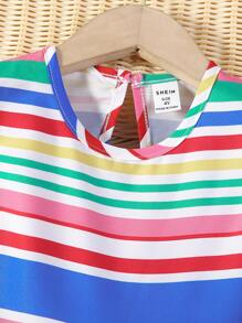 Vestido de vacaciones de verano a rayas multicolores para chica joven con cuello redondo pequeño - Multicolor - Ver 5