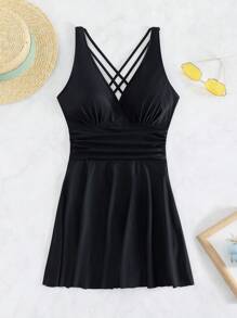 Summer Beach Criss Cross Ruched Ruffle Hem One Piece Swimsuit - Black - View 5