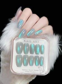 Misscheering Transform Your Nails With 24pcs Short Coffin Blue Glitter Cat Eye French Style Fake Nail & 1pc Nail File & 1sheet Tape Press On Nails Nail Supplies - Multicolor - View 1