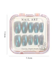 Misscheering Transform Your Nails With 24pcs Short Coffin Blue Glitter Cat Eye French Style Fake Nail & 1pc Nail File & 1sheet Tape Press On Nails Nail Supplies - Multicolor - View 3
