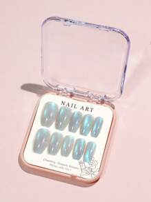 Misscheering Transform Your Nails With 24pcs Short Coffin Blue Glitter Cat Eye French Style Fake Nail & 1pc Nail File & 1sheet Tape Press On Nails Nail Supplies - Multicolor - View 4