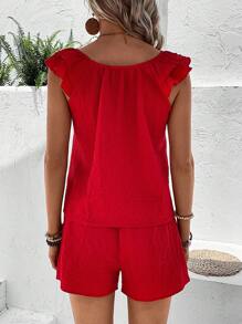 SHEIN VCAY Ruffle Trim Blouse & Shorts - Red - View 2