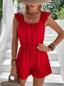SHEIN VCAY Ruffle Trim Blouse & Shorts - Red - View 3