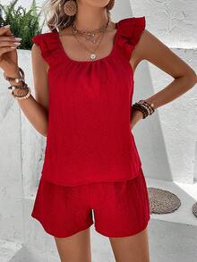 SHEIN VCAY Ruffle Trim Blouse & Shorts - Red - View 4