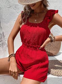 SHEIN VCAY Ruffle Trim Blouse & Shorts - Red - View 6