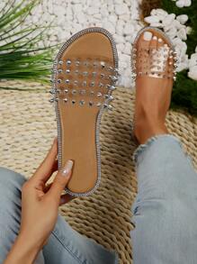 女士鉚釘裝飾透明帶PVC時尚涼鞋 - 卡其色 - 查看 1