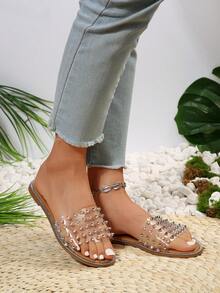 女士鉚釘裝飾透明帶PVC時尚涼鞋 - 卡其色 - 查看 7