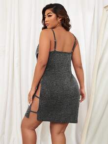 大碼側邊鏤空吊帶睡裙 - 深灰色 - 查看 2