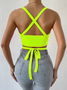 SHEIN Allurite Crisscross Tie Back Crop Halter Top - Lime Green - View 2