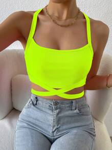 SHEIN Allurite Crisscross Tie Back Crop Halter Top - Lime Green - View 4