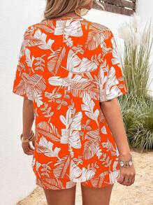 SHEIN LUNE Tropical Print Drop Shoulder Kimono & Shorts - Orange - View 2