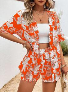 SHEIN LUNE Tropical Print Drop Shoulder Kimono & Shorts - Orange - View 3