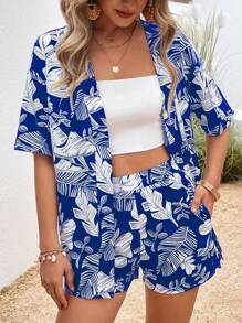 SHEIN LUNE con estampado tropical de hombros caídos Kimono & Shorts