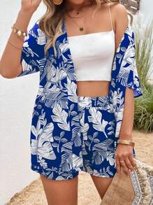 SHEIN LUNE con estampado tropical de hombros caídos Kimono & Shorts