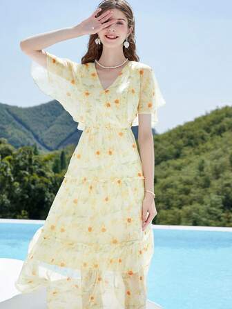 Floral Print Butterfly Sleeve Ruffle Hem Dress