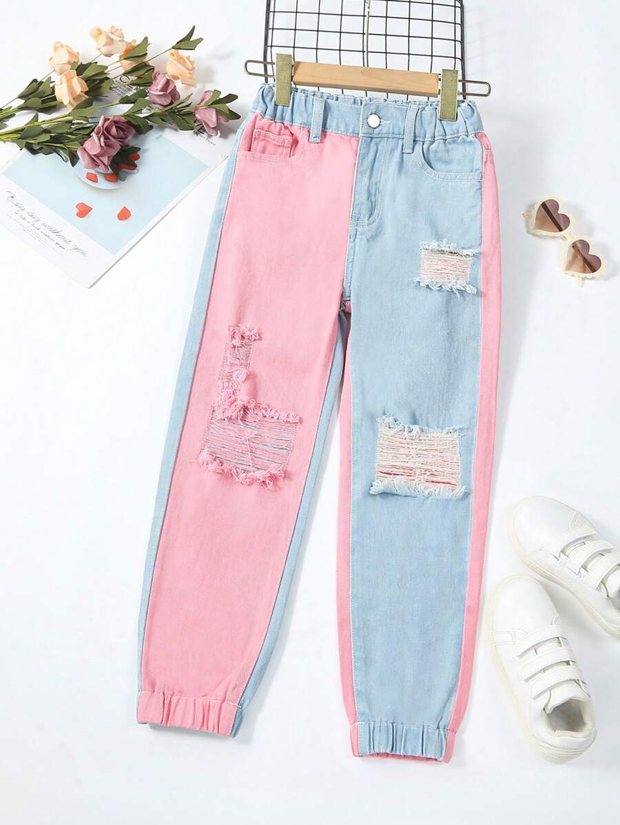 少女撞色Y2K街头都市风弹力腰牛仔裤，带平口袋，日常穿着 - 彩色 - 查看 1