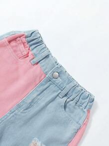 少女撞色Y2K街头都市风弹力腰牛仔裤，带平口袋，日常穿着 - 彩色 - 查看 5