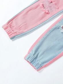 少女撞色Y2K街头都市风弹力腰牛仔裤，带平口袋，日常穿着 - 彩色 - 查看 6