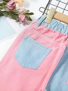 少女撞色Y2K街头都市风弹力腰牛仔裤，带平口袋，日常穿着 - 彩色 - 查看 7