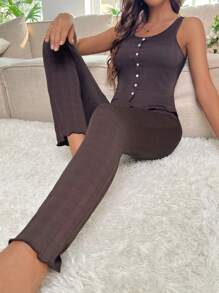 前紐扣木耳邊休閒服套裝 - 巧克力棕 - 查看 1