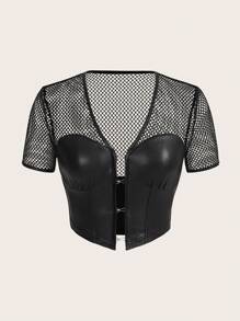 SHEIN ICON Áo nữ Bất đối xứng Tương phản Mesh cắt Nút phía trước màu trơn Gợi cảm - màu đen - Xem 1