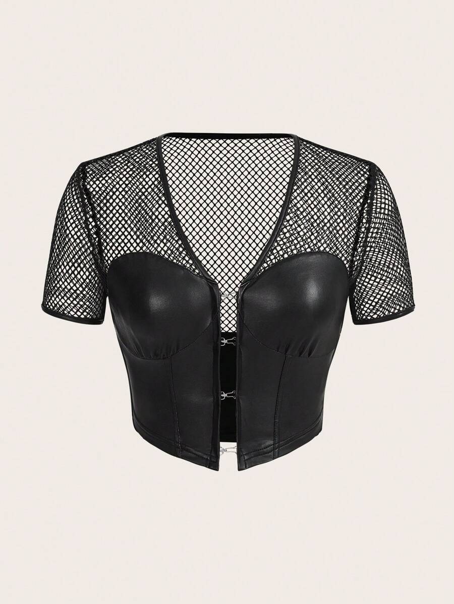 SHEIN ICON Áo nữ Bất đối xứng Tương phản Mesh cắt Nút phía trước màu trơn Gợi cảm - màu đen - Xem 1