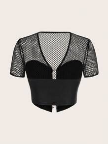 SHEIN ICON Áo nữ Bất đối xứng Tương phản Mesh cắt Nút phía trước màu trơn Gợi cảm - màu đen - Xem 2