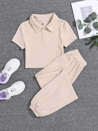 SHEIN 青少年女孩Polo領T恤和運動褲