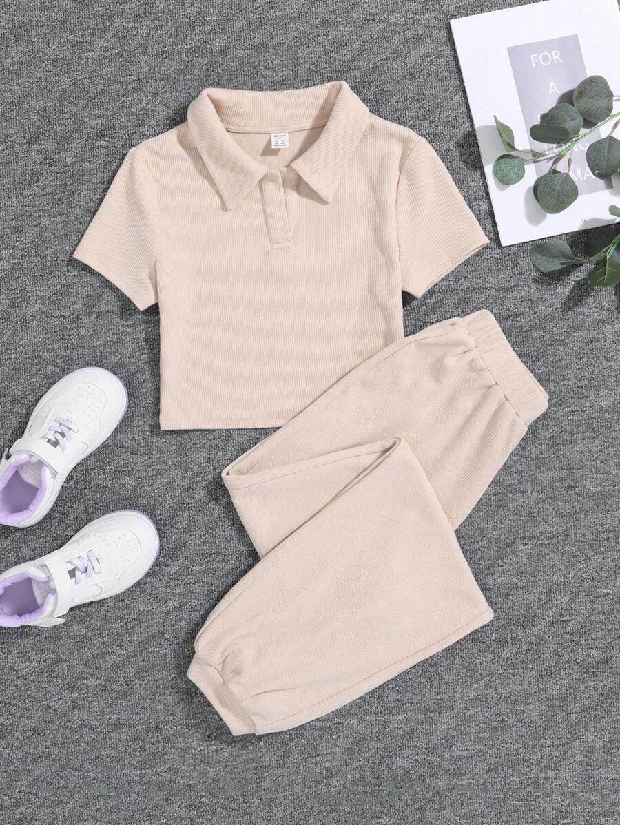 SHEIN Teen Girls Polo Neck Tee & Sweatpants
