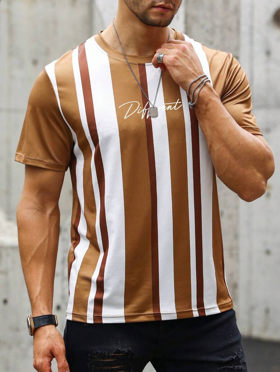 Manfinity EMRG 男士條紋和字母圖案T恤 - 棕色 - 查看 1