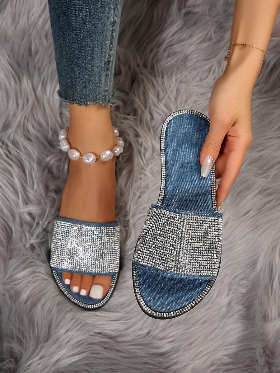 女士水鑽裝飾單帶塑膠魅力四射涼鞋 - 藍色 - 查看 1