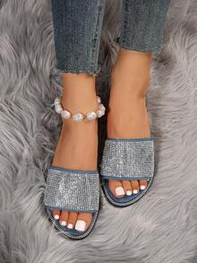 女士水鑽裝飾單帶塑膠魅力四射涼鞋 - 藍色 - 查看 3