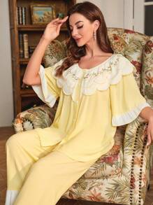 Kontrast-Spitze Volant-Saum Rüschena Ärmel Pyjama Set, Urlaub