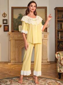 Kontrast-Spitze Volant-Saum Rüschena Ärmel Pyjama Set, Urlaub