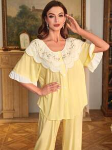 Kontrast-Spitze Volant-Saum Rüschena Ärmel Pyjama Set, Urlaub