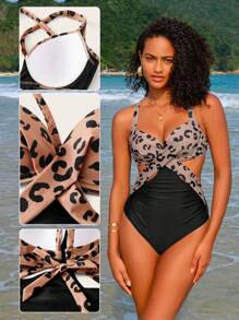 SHEIN Swim Leopard Print Crisscross Tie Backless Ruched Push Up One Piece Swimsuit - Multicolor - View 5