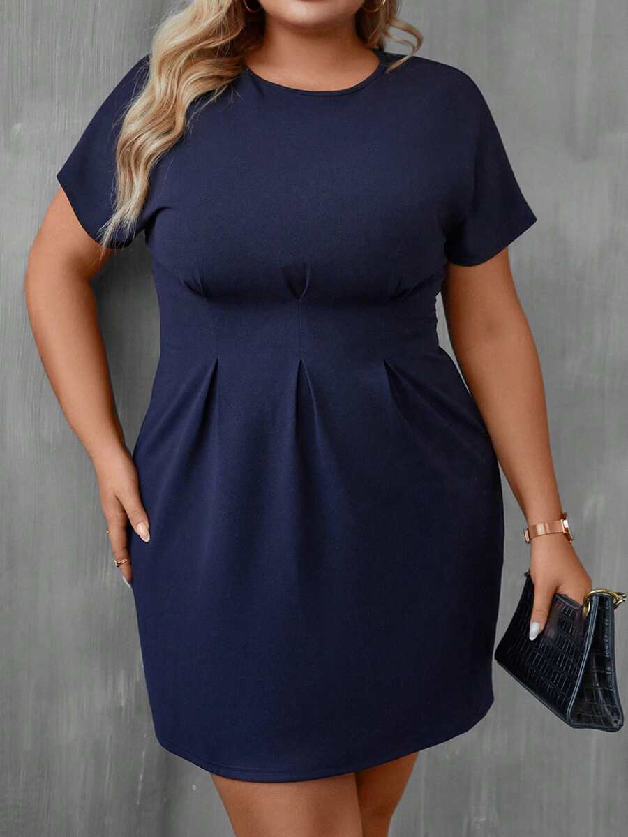 Plus Fold Pleated Detail Batwing Sleeve Dress - Navy Blue - View 1