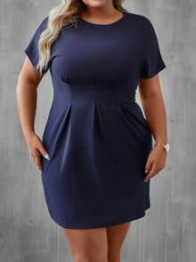Plus Fold Pleated Detail Batwing Sleeve Dress - Navy Blue - View 3