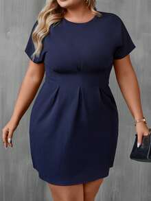 Plus Fold Pleated Detail Batwing Sleeve Dress - Navy Blue - View 5