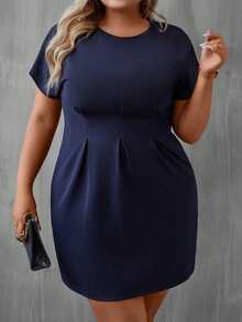 Plus Fold Pleated Detail Batwing Sleeve Dress - Navy Blue - View 6