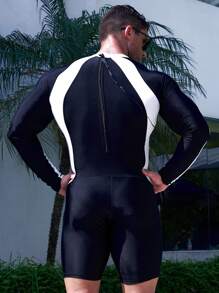 Manfinity Swimmode 男士字母圖案雙色插肩袖連體泳衣 - 黑與白 - 查看 2