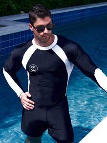 Manfinity Swimmode 男士字母圖案雙色插肩袖連體泳衣 - 黑與白 - 查看 3