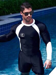 Manfinity Swimmode 男士字母圖案雙色插肩袖連體泳衣 - 黑與白 - 查看 5