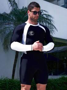 Manfinity Swimmode 男士字母圖案雙色插肩袖連體泳衣 - 黑與白 - 查看 6