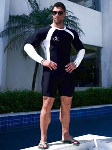 Manfinity Swimmode 男士字母圖案雙色插肩袖連體泳衣 - 黑與白 - 查看 7