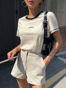 DAZY Camiseta Con Estampado De Letras Y Ribete En Contraste - Beis - Ver 7