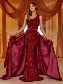 Faeriesty Women's Sleeveless Sequin Patchwork Formal Dress - Burgundy - View 4