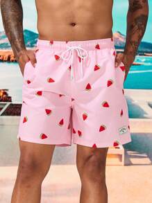 Manfinity Swimmode Quần short nam đi biển Túi Dây kéo Đắp vá Lá thư Rau quả - Màu Hồng Tươi - Xem 5